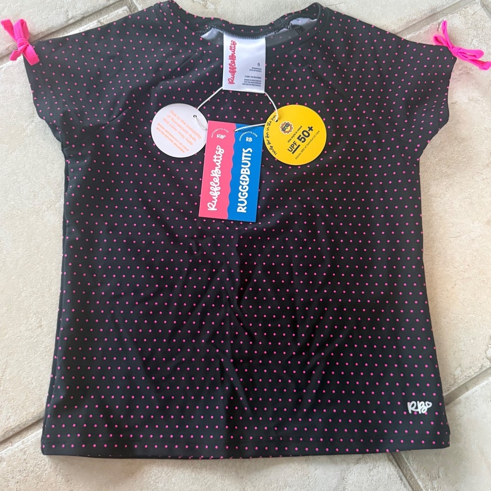 NWT RuffleButts Girls Black Neon Magenta Tiny Dots Active Raglan Swim Shirt 6
